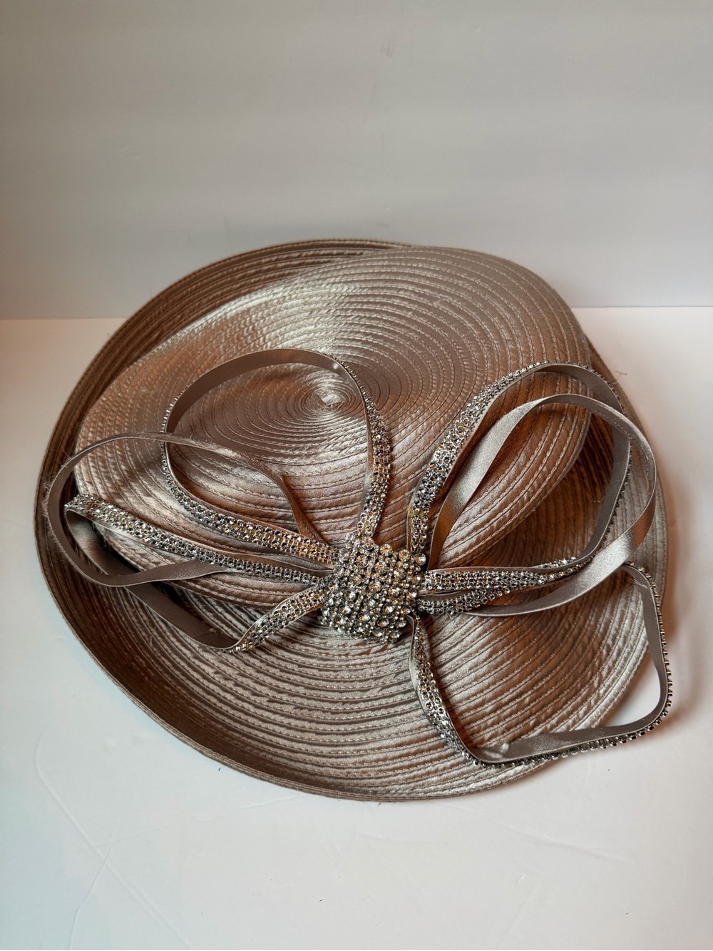 Whittall & Shon Champagne Satin Wide Brim Rhinestone Church Derby Hat